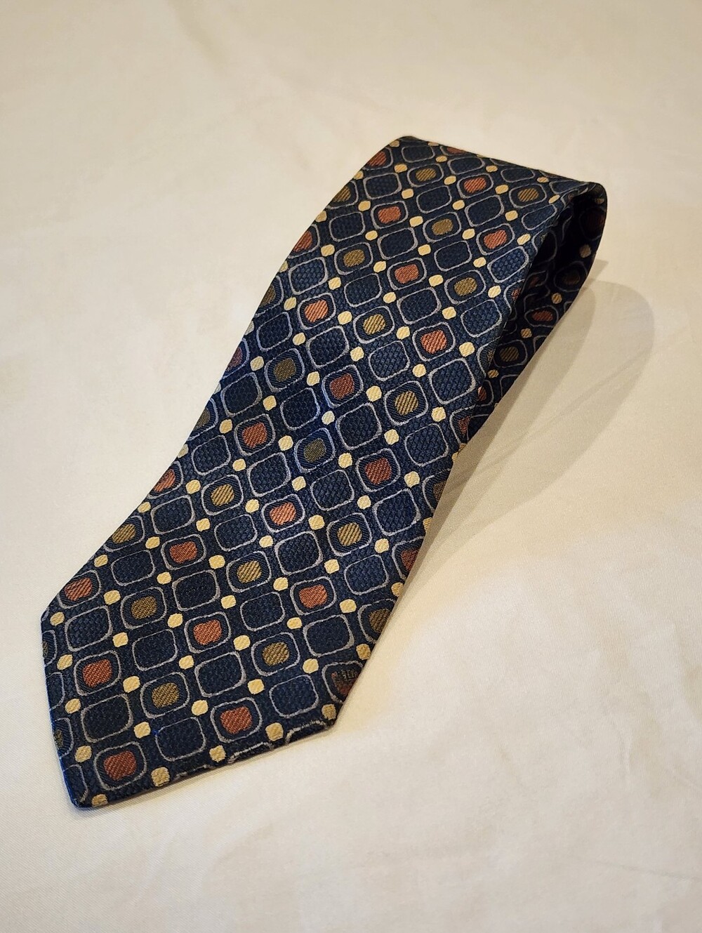 Yves Saint Laurent Navy Geometric Silk Tie with Gold Accents